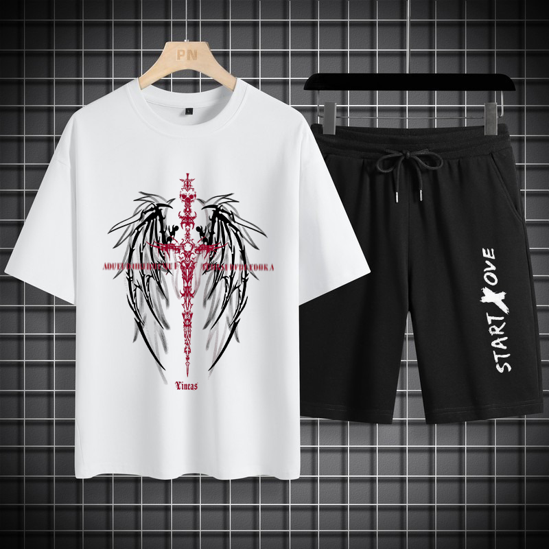 Summer Youth Clothing - เสื้อยืดผู้ชาย 1 ชุด ฤดูใบไม้ผลิ/ฤดูร้อน 2026 ชุดสองชิ้นพิมพ์ลาย