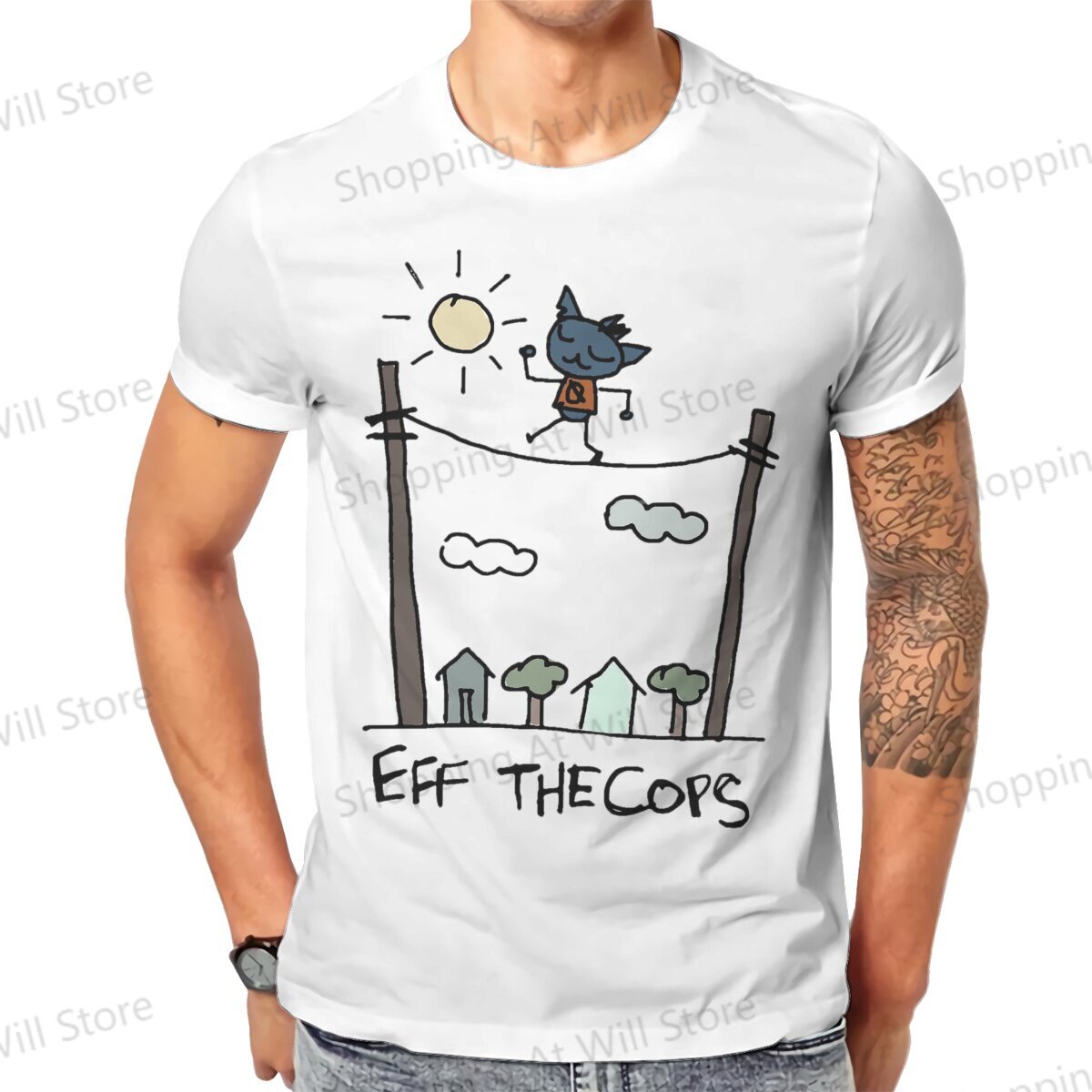 Summer Clothing Drawing - เสื้อยืดคอกลมแขนสั้นสำหรับชายและหญิงสำหรับฤดูร้อนเสื้อยืดแขนสั้นคอกลมลาย Eff The copes Night in