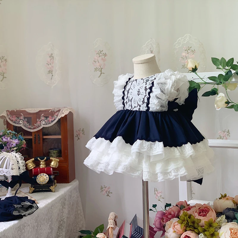 Summer Clothing In Spanish - เดรสเจ้าหญิงน่ารักสำหรับ A2332สาวเสื้อผ้าเด็กพิมพ์ลายโบว์ลูกไม้ชุดไปงานเต้นรำโลลิต้าแนววินเทจสไตล์สเปนสำหรับงานเลี้ยงวันเกิดปาร์ตี้อีสเตอร์
