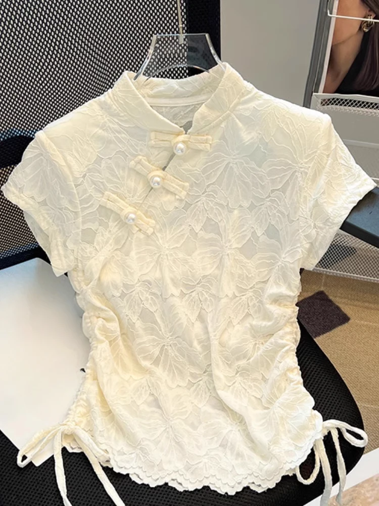 Summer Clothing Drawing - สไตล์จีนเสื้อคอแขนสั้นสีทึบ Draw String Jacquard Crop Tops