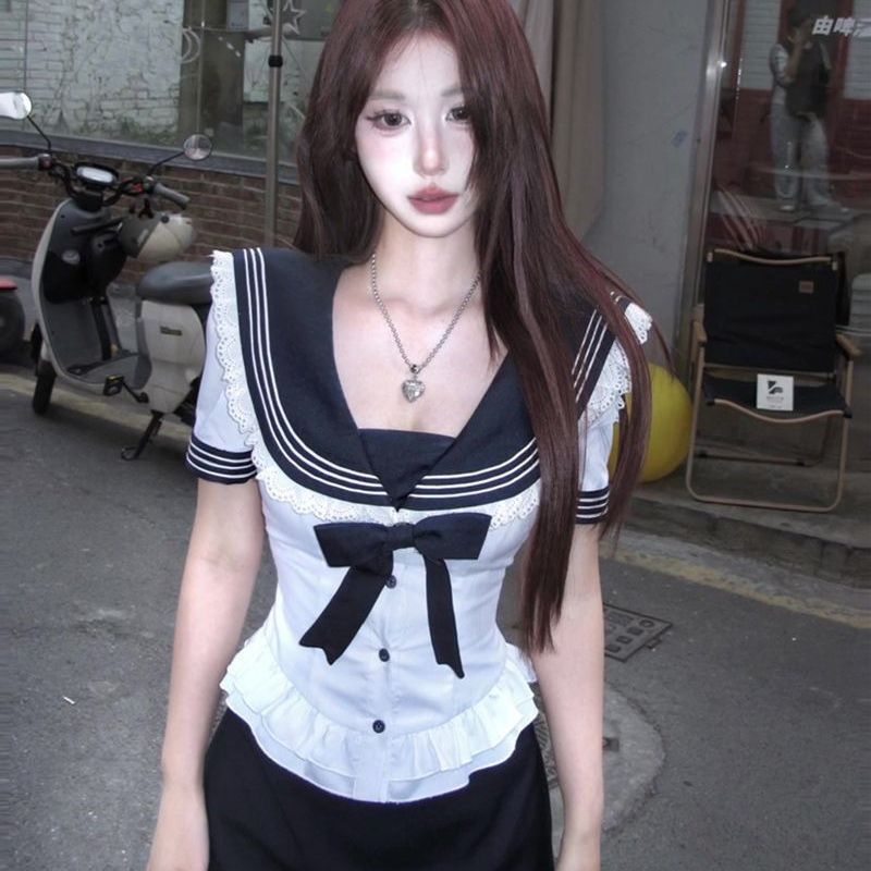 Summer Youth Clothing - Deeptown หวาน Bow SAILOR COLLAR ผู้หญิงเสื้อลูกไม้สีขาวแขนสั้นญี่ปุ่นเสื้อแฟชั่น