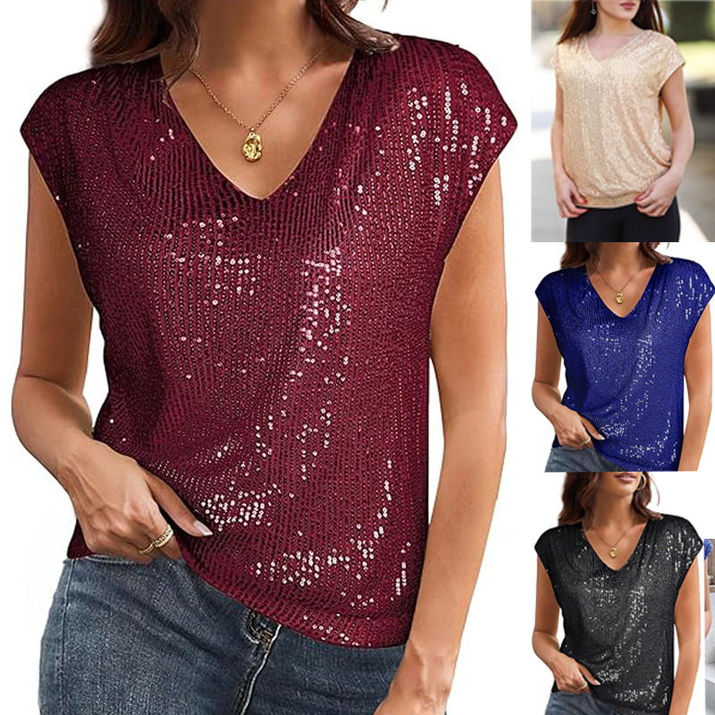 Summer Evenings Clothing - 2025 ฤดูใบไม้ผลิสีดําเลื่อมชุดราตรีเซ็กซี่เสื้อผู้หญิงแฟชั่นแขนกุดเสื้อปาร์ตี้ฤดูร้อนผู้หญิง Y2k เสื้อผ้า