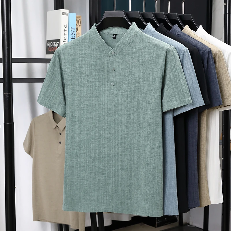 Summer Clothing Guys - เสื้อเชิ้ตแขนสั้นคอจีนผ้าลินินเนื้อสัมผัสพิเศษสำหรับผู้ชาย สวมใส่สบาย ระบายอากาศได้ดี ไม่ยับง่าย เหมาะสำหรับฤดูร้อน