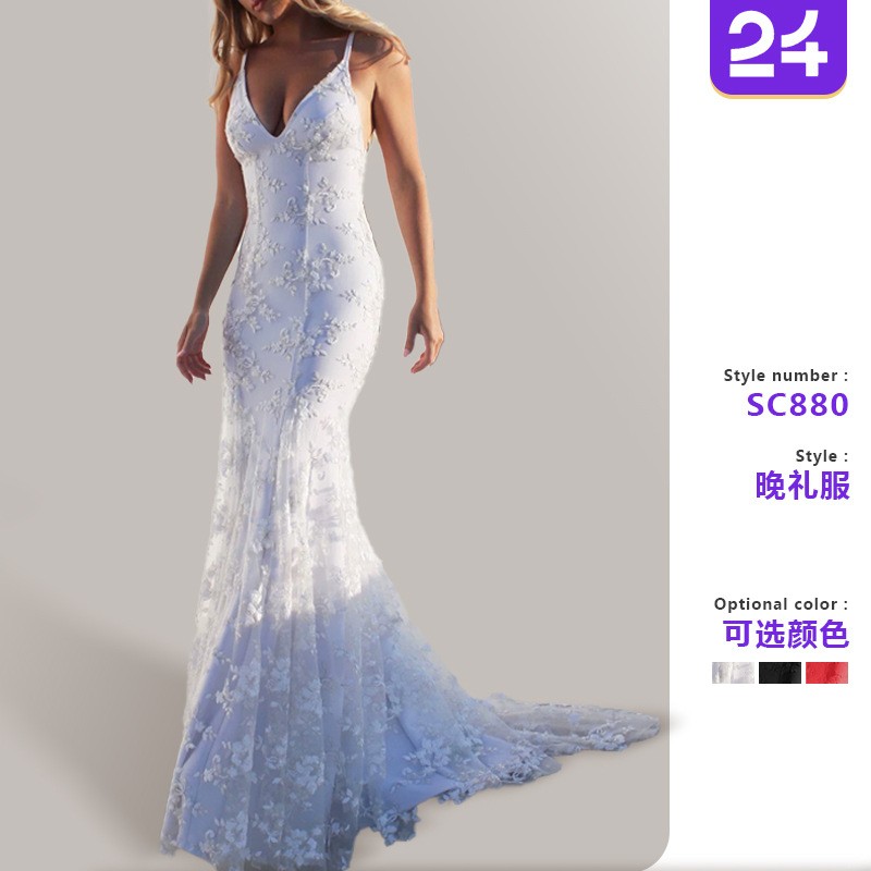 Summer Evenings Clothing - ชุดเดรสยาวสำหรับผู้หญิงฤดูร้อน ดีไซน์หรูหรา คอวี แต่งลูกไม้ เหมาะสำหรับงานเลี้ยงกลางคืน งานแต่งงาน
