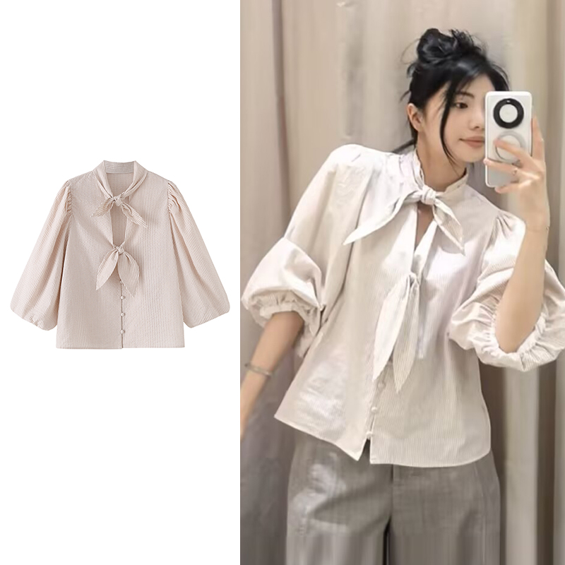 Summer Youth Clothing - เสื้อเชิ้ตผู้หญิงสไตล์ใหม่ ฤดูใบไม้ผลิ 2026 เสื้อเบลาส์ลายทางทรงหลวม ดีไซน์เก๋ไก๋ ทันสมัย