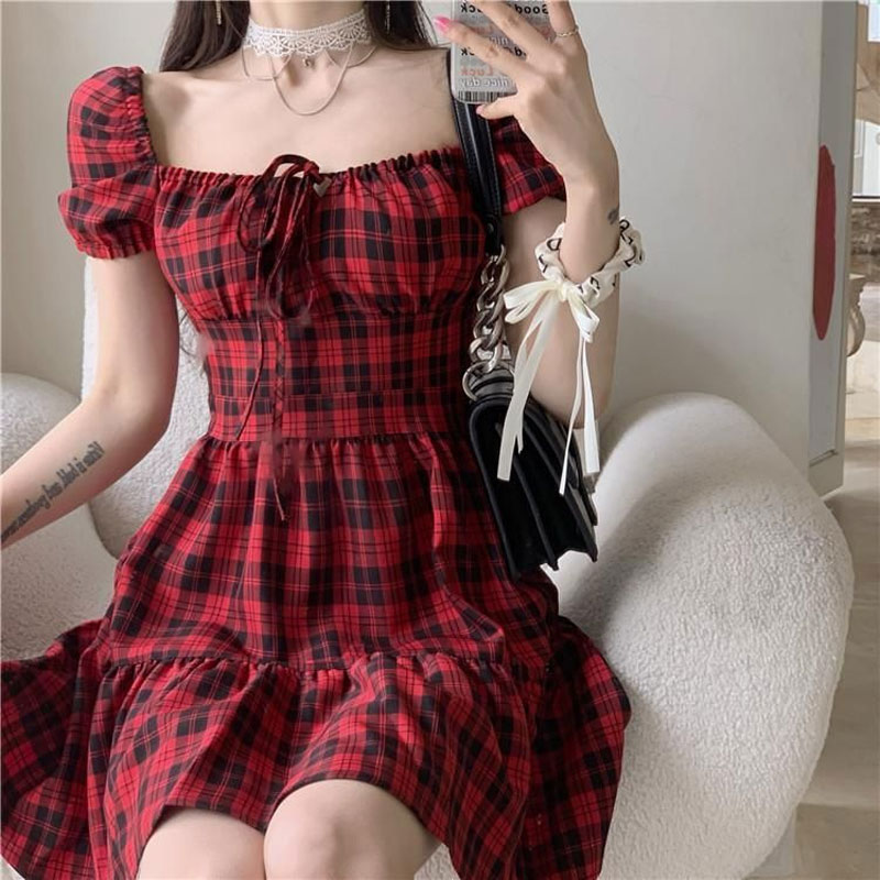 Summer Clothing Drawing - ลายสก๊อตสีแดงชุดมินิเสื้อผ้าผู้หญิง Hotsweet พัฟแขนฤดูร้อน Elegant Square COLLAR