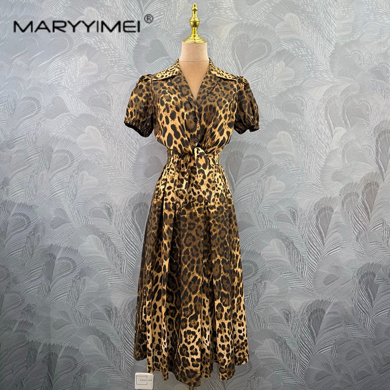 Summer Edition Clothing - ชุดกระโปรงสั้นผู้หญิงลายเสือดาวแฟชั่น MARYYIMEI พร้อมปกเสื้อและเชือกผูก รุ่นใหม่ ฤดูร้อน 2026