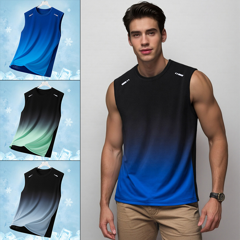 Summer Youth Clothing - เสื้อกีฬาผู้ชายแบบไล่เฉดสี น้ำหนักเบา แขนกุด คอกลม เสื้อยืดฤดูร้อน ทรงหลวม