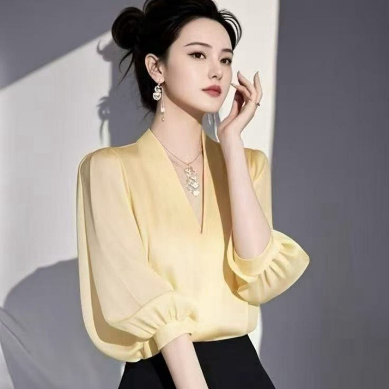 Yellow Summer Clothing - ผู้หญิงวินเทจเสื้อชีฟองเสื้อแฟชั่นฤดูร้อน V คอเสื้อผ้าเกาหลีแขนสั้นสีเหลืองผู้หญิง Tops