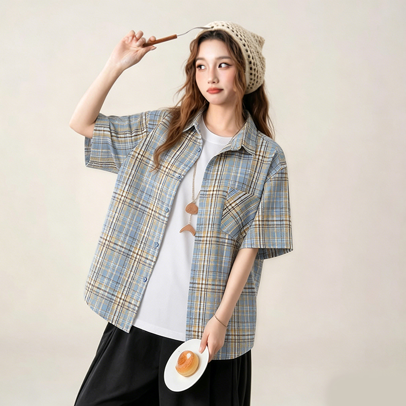 Yellow Summer Clothing - Y2K คอลเลกชันฤดูร้อนใหม่เสื้อเชิ้ตแขนสั้นลายสก๊อตสีฟ้าสีเหลืองผู้หญิงเสื้อเชิ้ตลำลองโอเวอร์ไซส์สไตล์เรโทรเสื้อแขนสั้น