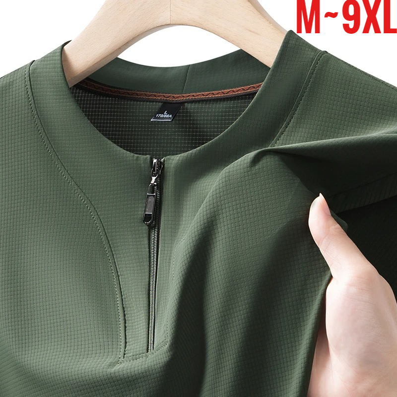 Summer Clothing Guys - เสื้อยืดเฮนลีย์ผ้าไอซ์ซิลค์ไซส์ใหญ่พิเศษ 9XL สำหรับผู้ชาย เสื้อยืดครึ่งซิป แขนสั้น ใส่สบาย