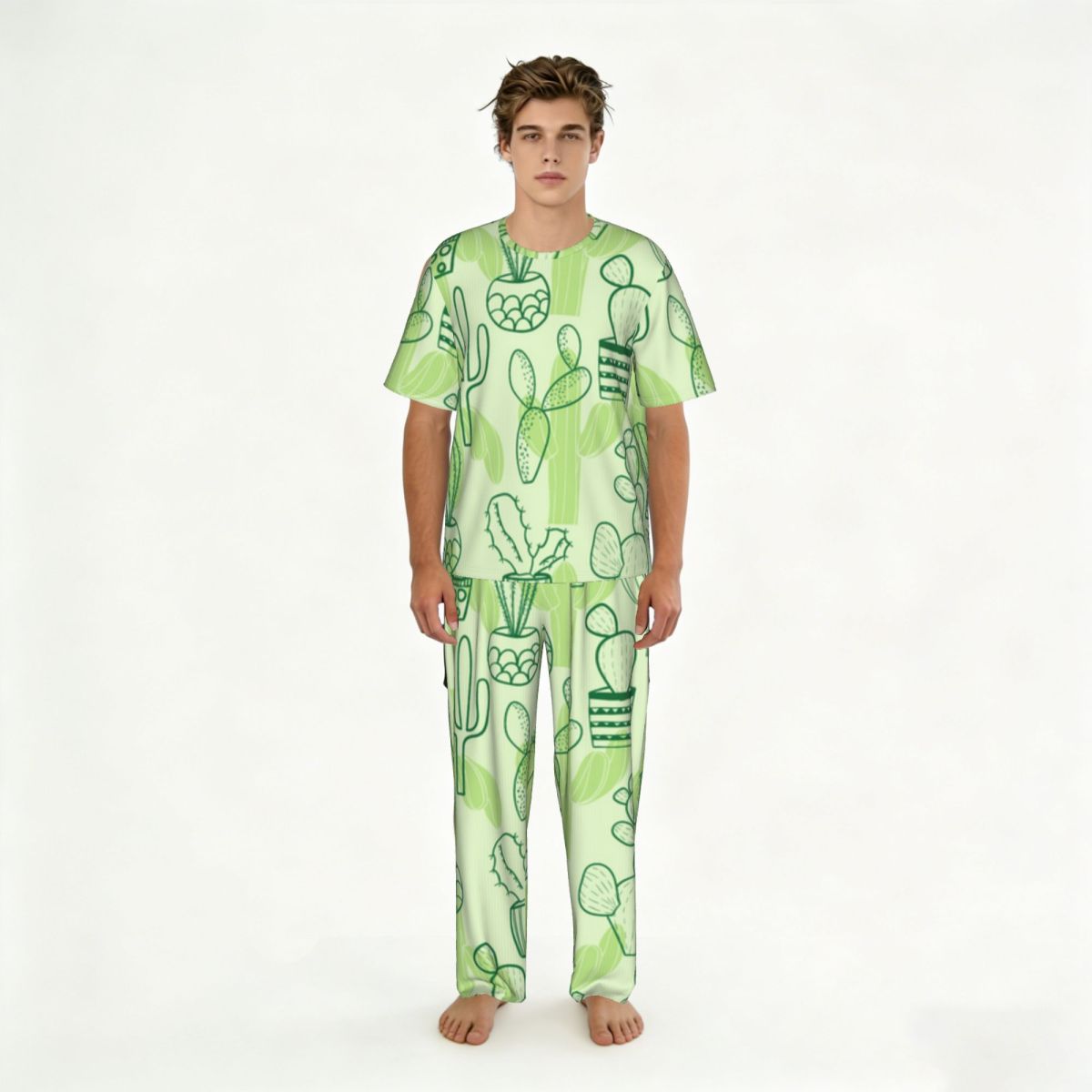 Summer Clothing Patterns - ชุดนอนผู้ชายแขนสั้นกางเกงขายาวลายกระบองเพชรชุดนอนฤดูร้อนชุดเสื้อผ้าสำหรับใช้ในบ้าน