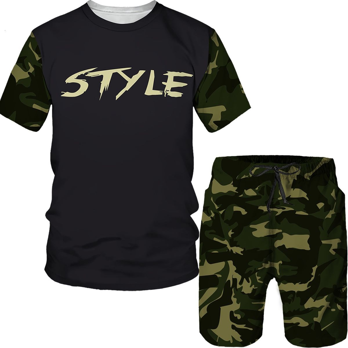Summer Clothing Pieces - ชุดลายพรางผู้ชาย เสื้อยืดพิมพ์ลาย 3 มิติ กางเกงขาสั้น ชุด