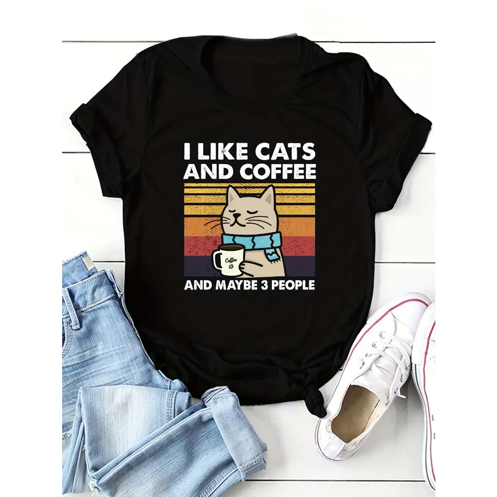 Summer Clothing Aesthetic - เสื้อยืดแขนสั้นลายแมวและกาแฟสำหรับผู้หญิง เสื้อผ้าฤดูร้อนสไตล์ฮาราจูกุ เสื้อยืดสตรีทแวร์ เสื้อยืดสไตล์น่ารัก