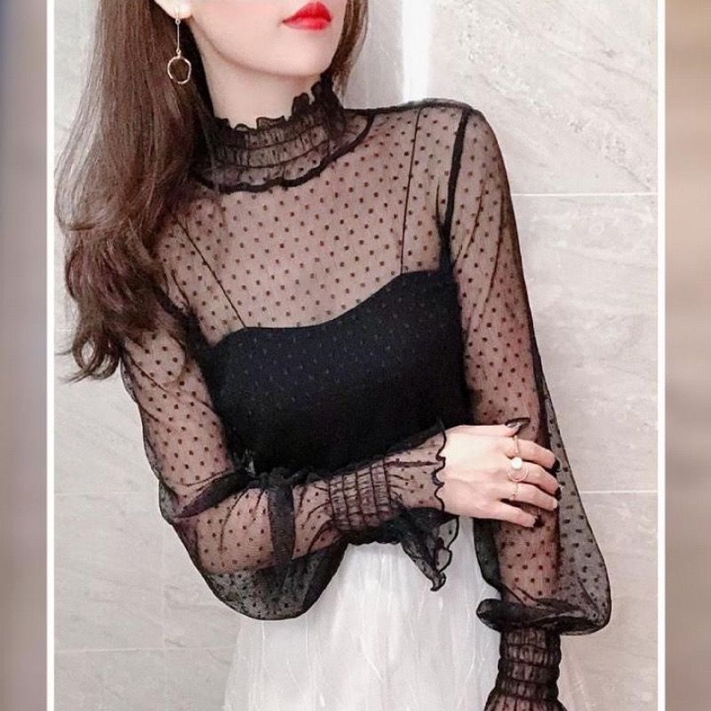 Summer Evenings Clothing - เสื้อเชิ้ตลูกไม้สีดำบางเบาสำหรับผู้หญิง ฤดูใบไม้ร่วง 2026 เสื้อคอเต่าแขนยาวทรงเข้ารูป แต่งลูกไม้ถักแบบแพทช์เวิร์ค แฟชั่นเสื้อผ้าผู้หญิง