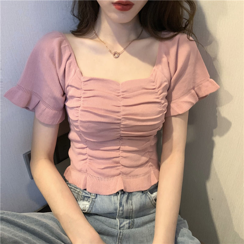 Summer Youth Clothing - เสื้อแฟชั่นถักนิตติ้งสำหรับผู้หญิง แต่งระบาย ดีไซน์หรูหรา เสื้อครอปท็อปฤดูร้อน เซ็กซี่ ทรงเข้ารูป