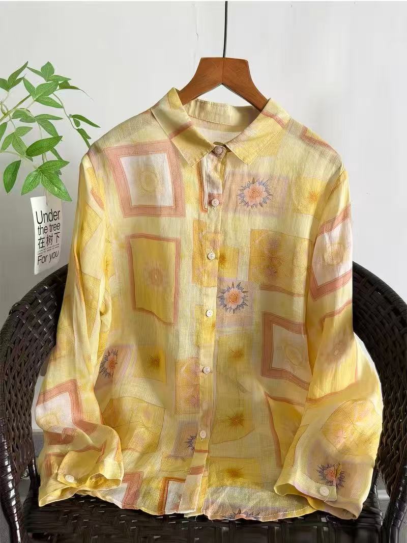 Yellow Summer Clothing - เสื้อรามี 100% แขนยาว ลายศิลปะ สีเหลือง สำหรับผู้หญิง