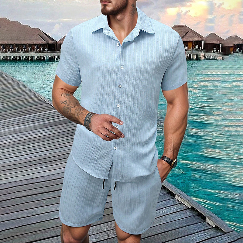 Summer Clothing Guys - ชุดเซ็ต 2 ชิ้น เสื้อเชิ้ตแขนสั้นปกตั้งลายย่นแนวตั้งสำหรับผู้ชาย ปี 2026