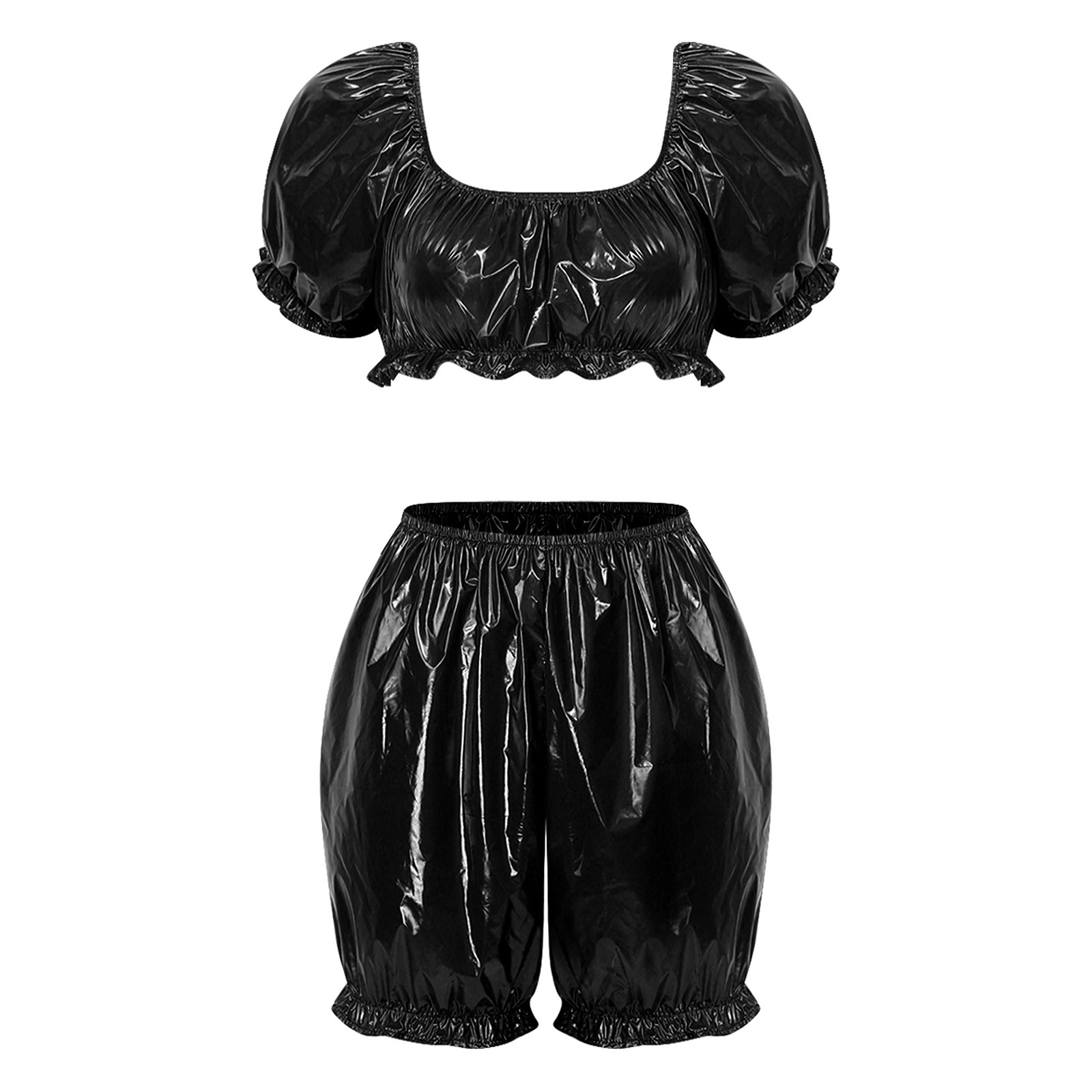 Summer Clothing For Petite Women - ชุดคลับแวร์หนัง PU แบบเปียกสำหรับผู้หญิง เสื้อครอปแขนระบายผ้าไวนิลและกางเกงขาสั้นบลูมเมอร์ ชุดว่ายน้ำไวนิลกันน้ำแบบปรับได้