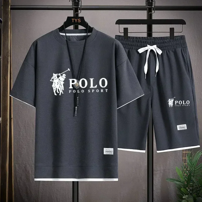 Summer Clothing Pieces - ชุดเซ็ต 2 ชิ้น เสื้อยืดแขนสั้นและกางเกงขาสั้นลายวาฟเฟิลสำหรับผู้ชาย ฤดูร้อน ปี