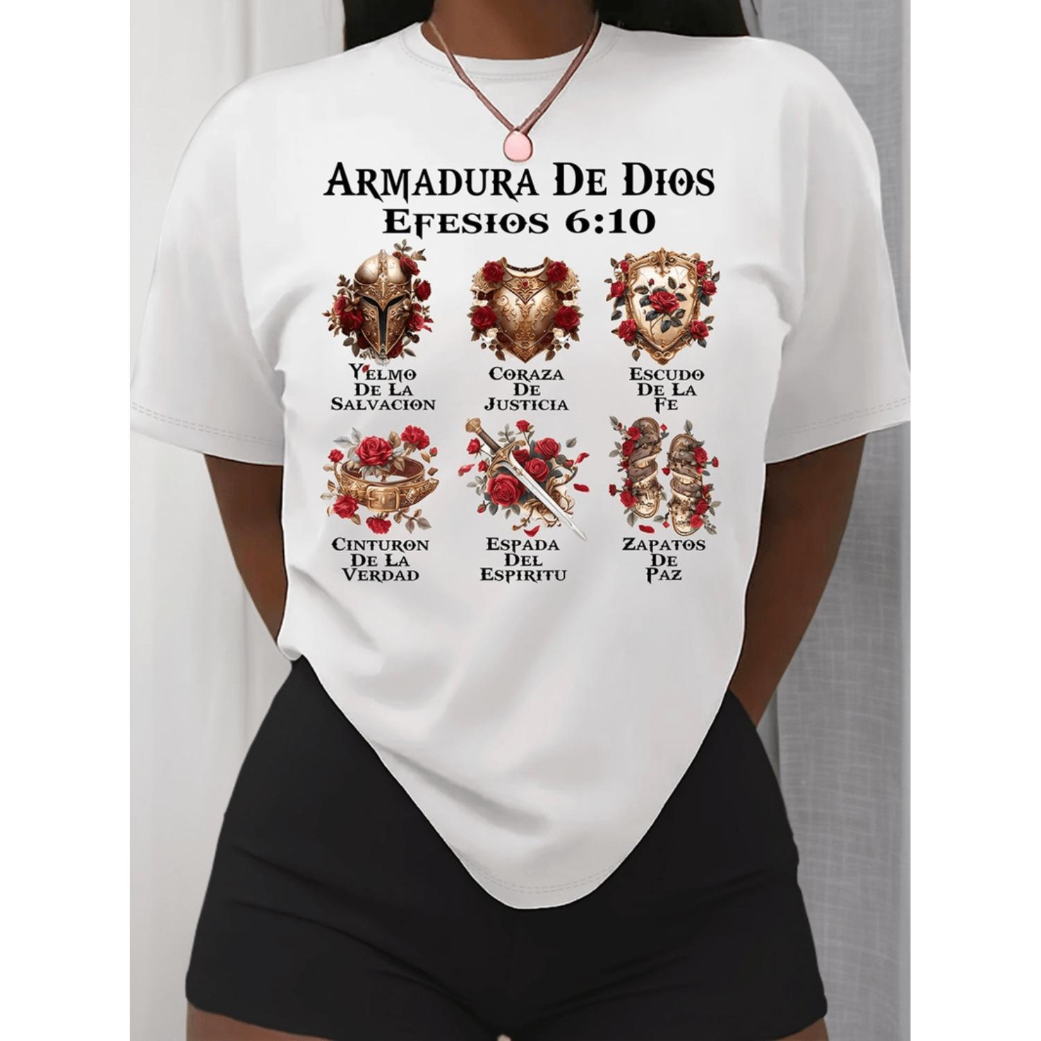 Summer Clothing In Spanish - เสื้อยืดแขนสั้นลำลองสำหรับผู้หญิง สีขาว พิมพ์ลายข้อความทางศาสนาภาษาสเปน คอกลม ยืดหยุ่นได้ ซักได้