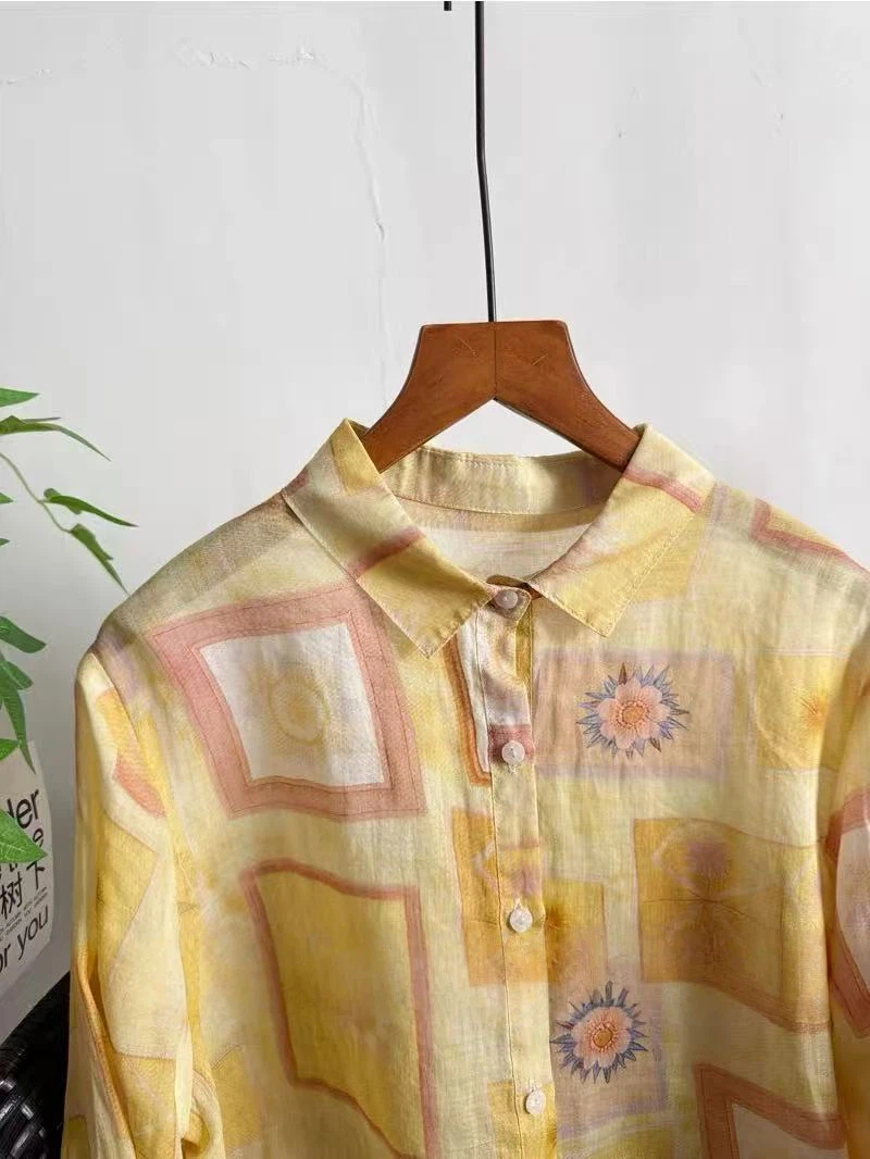 เสื้อรามี 100% แขนยาว ลายศิลปะ - Yellow Summer Clothing บทวิจารณ์และราคา