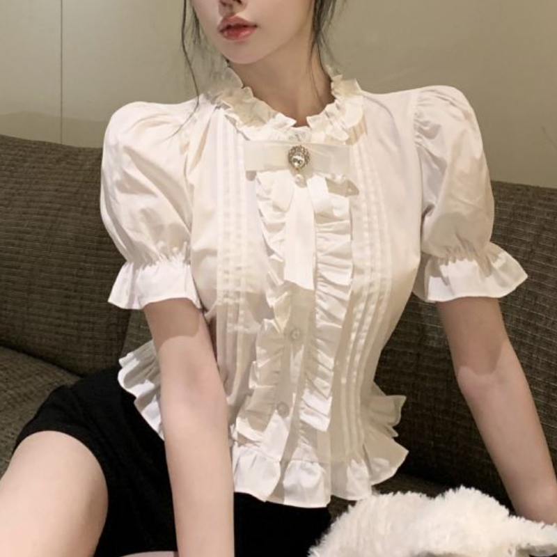 พัฟแขนเสื้อผู้หญิงสีขาว Ruffle - Summer Clothing Aesthetic บทวิจารณ์และราคา