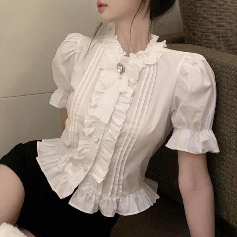พัฟแขนเสื้อผู้หญิงสีขาว Ruffle - Summer Clothing Aesthetic บทวิจารณ์และราคา