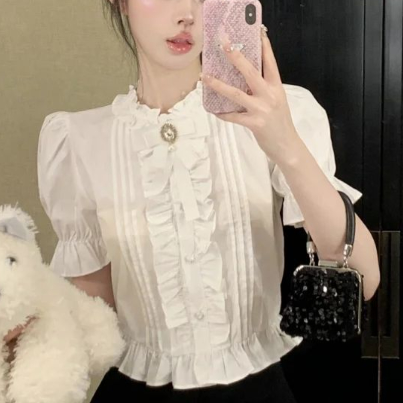 พัฟแขนเสื้อผู้หญิงสีขาว Ruffle - Summer Clothing Aesthetic บทวิจารณ์และราคา